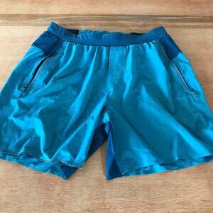 Lululemon T.H.E. Athletic Shorts Men M Blue Mid Rise Zip Pocket Tie Waist 17570